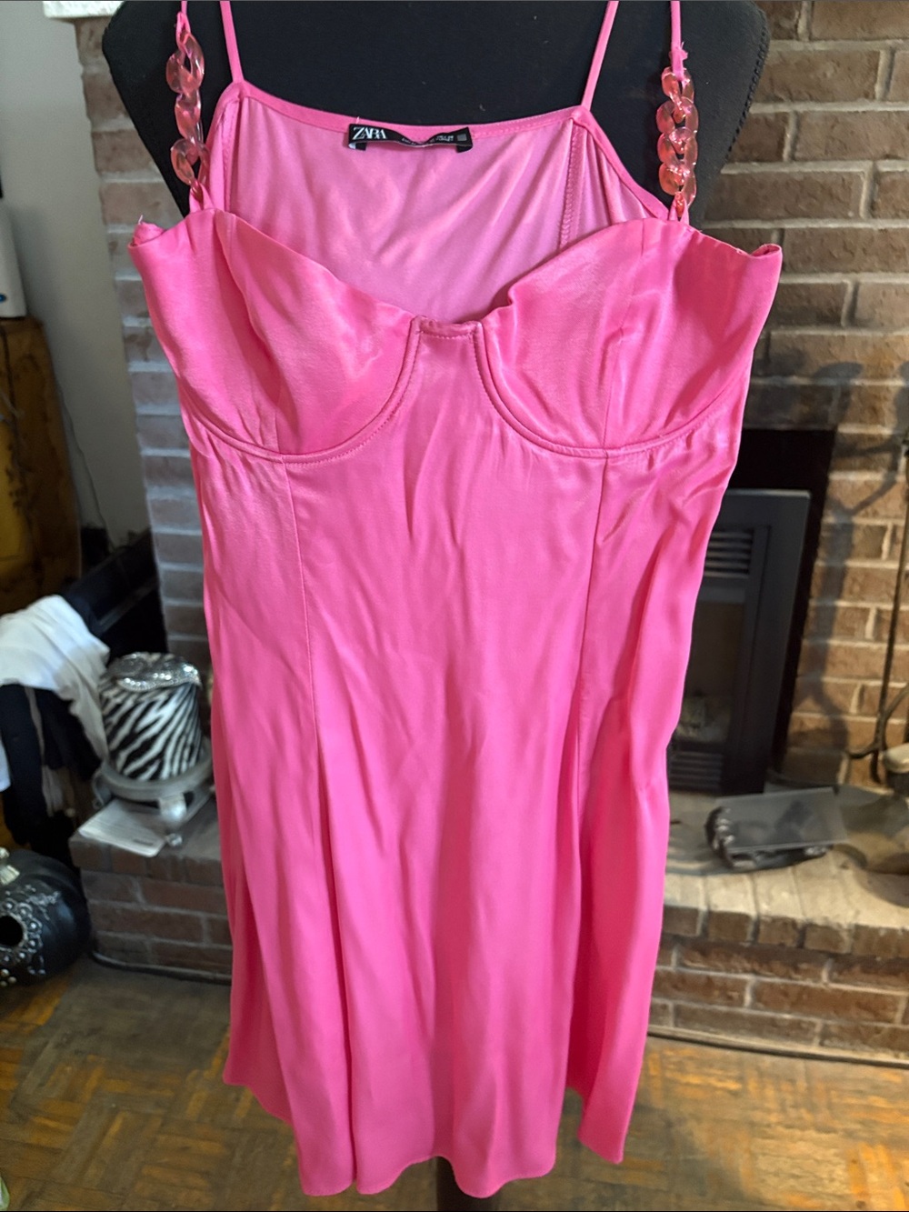 Zara Bright Pink Satin Chemise with Chain-Link Straps